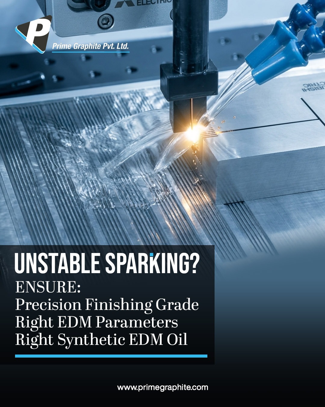 EDM machining spark process showing unstable sparking due to incorrect graphite grade and machining parameters